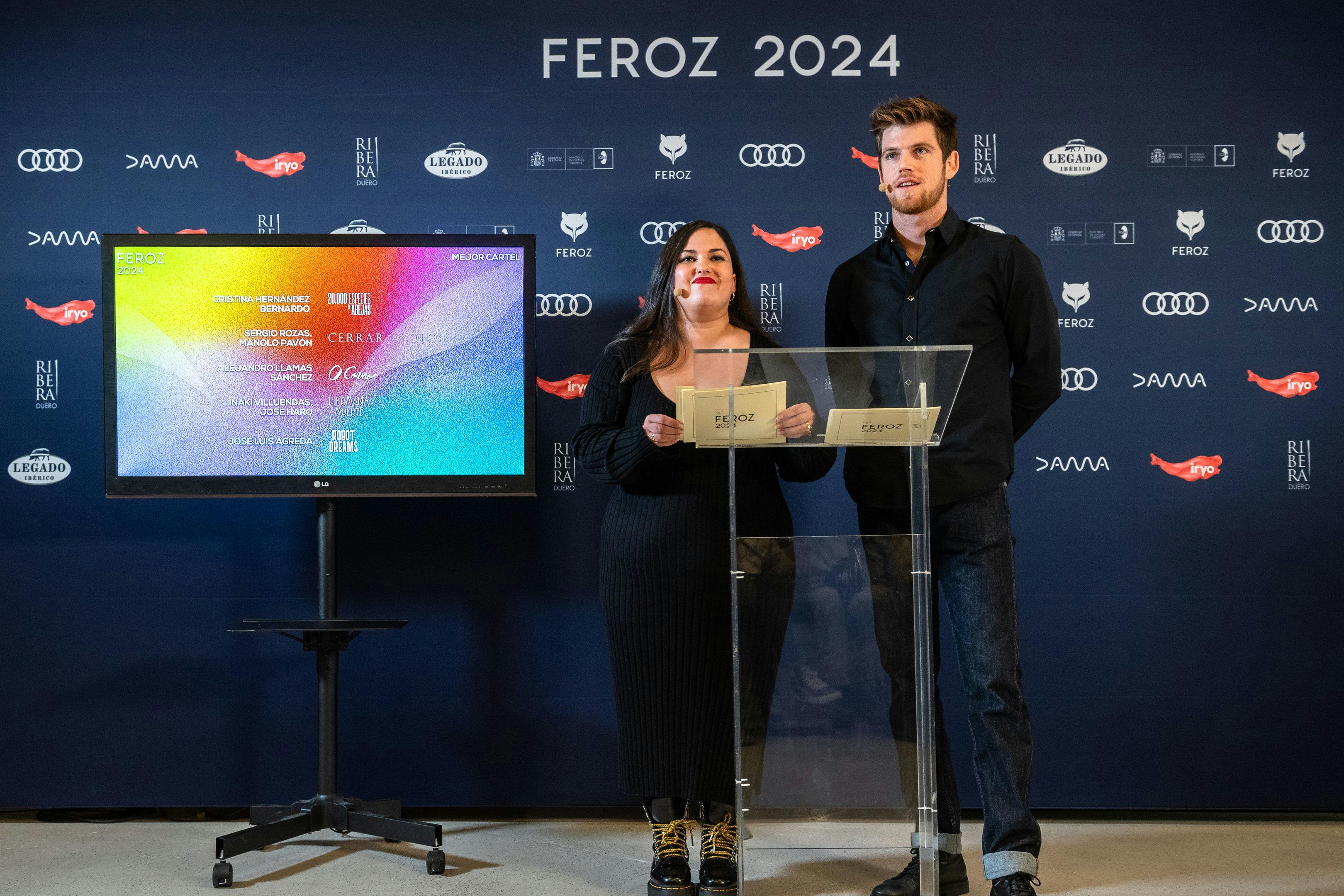 Laura Galán y Miguel Bernardeau durante el anuncio de los nominaciones a los Premios Feroz 2024