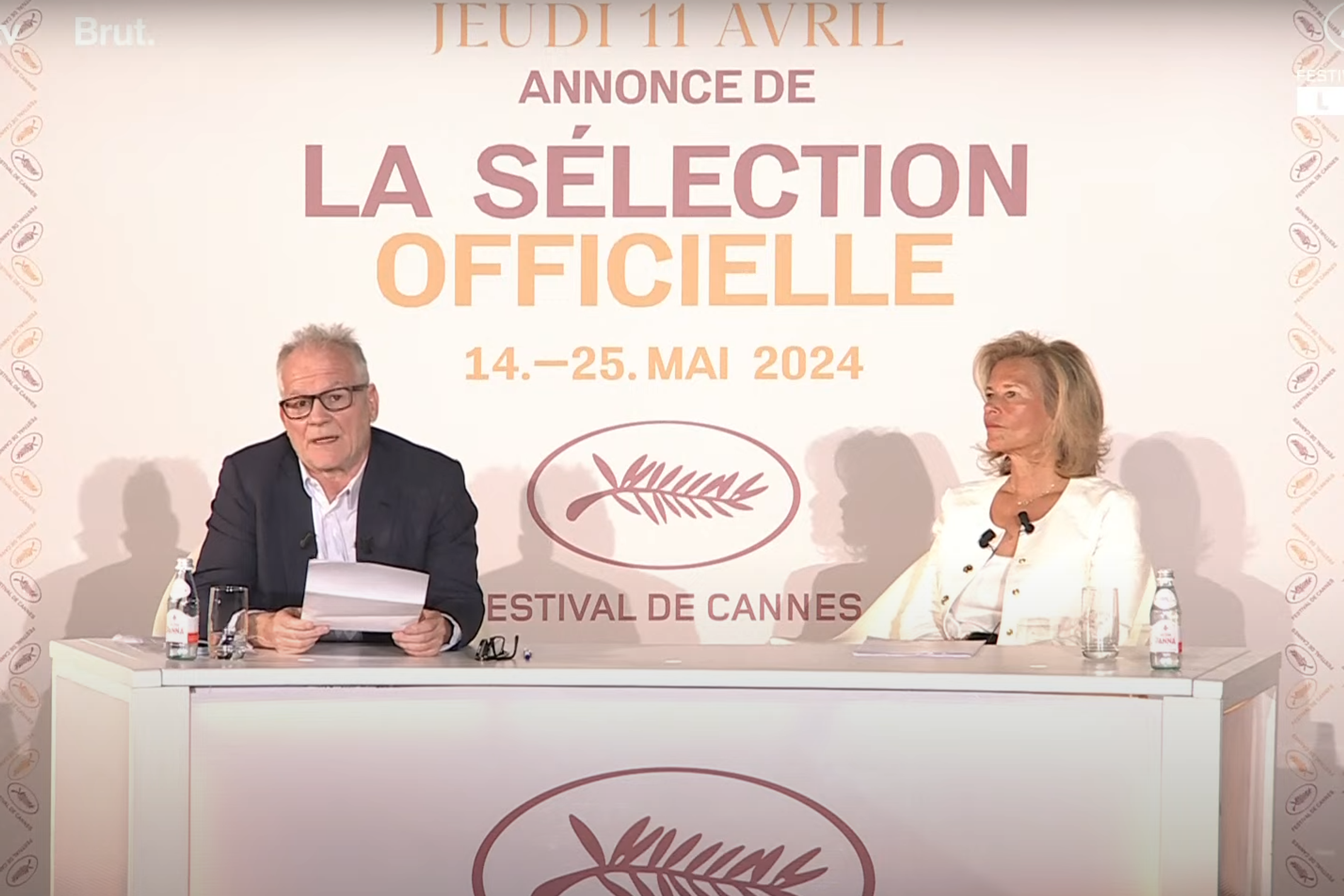 Thierry Frémaux e Iris Knobloch, director artístico y presidenta del Festival de Cannes, durante el anuncio de la programación de 2024