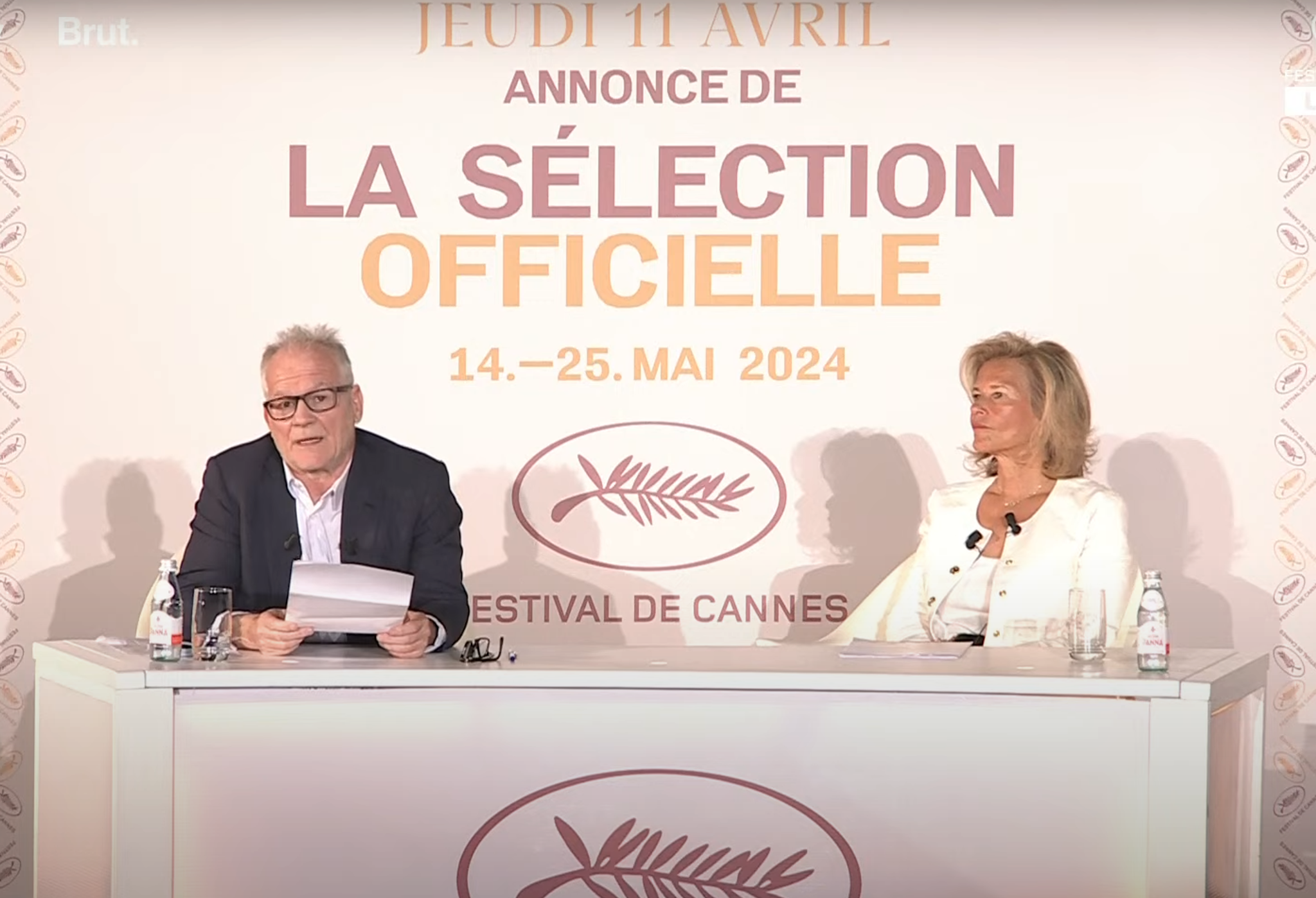 Thierry Frémaux e Iris Knobloch, director artístico y presidenta del Festival de Cannes, durante el anuncio de la programación de 2024