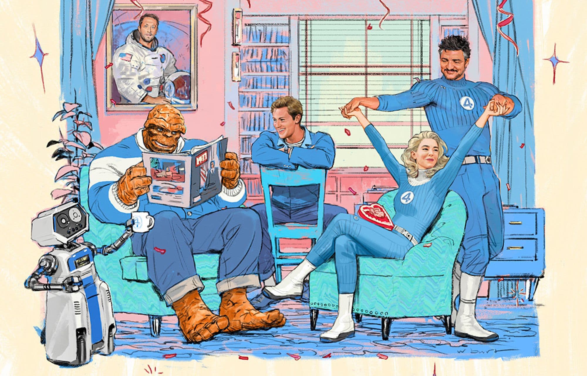 Ilustración publicada por Marvel para anunciar el cast de 'Los 4 fantásticos' con Pedro Pascal, Vanessa Kirby, Ebon Moss-Bachrach y Joseph Quinn