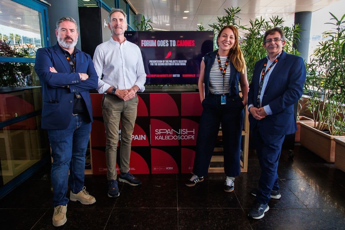 Nacho Carballo, Raúl Torquemada, Alba Wystraëte e Ignasi Camós en la presentación de proyectos de ECAM Forum 2025 en Cannes