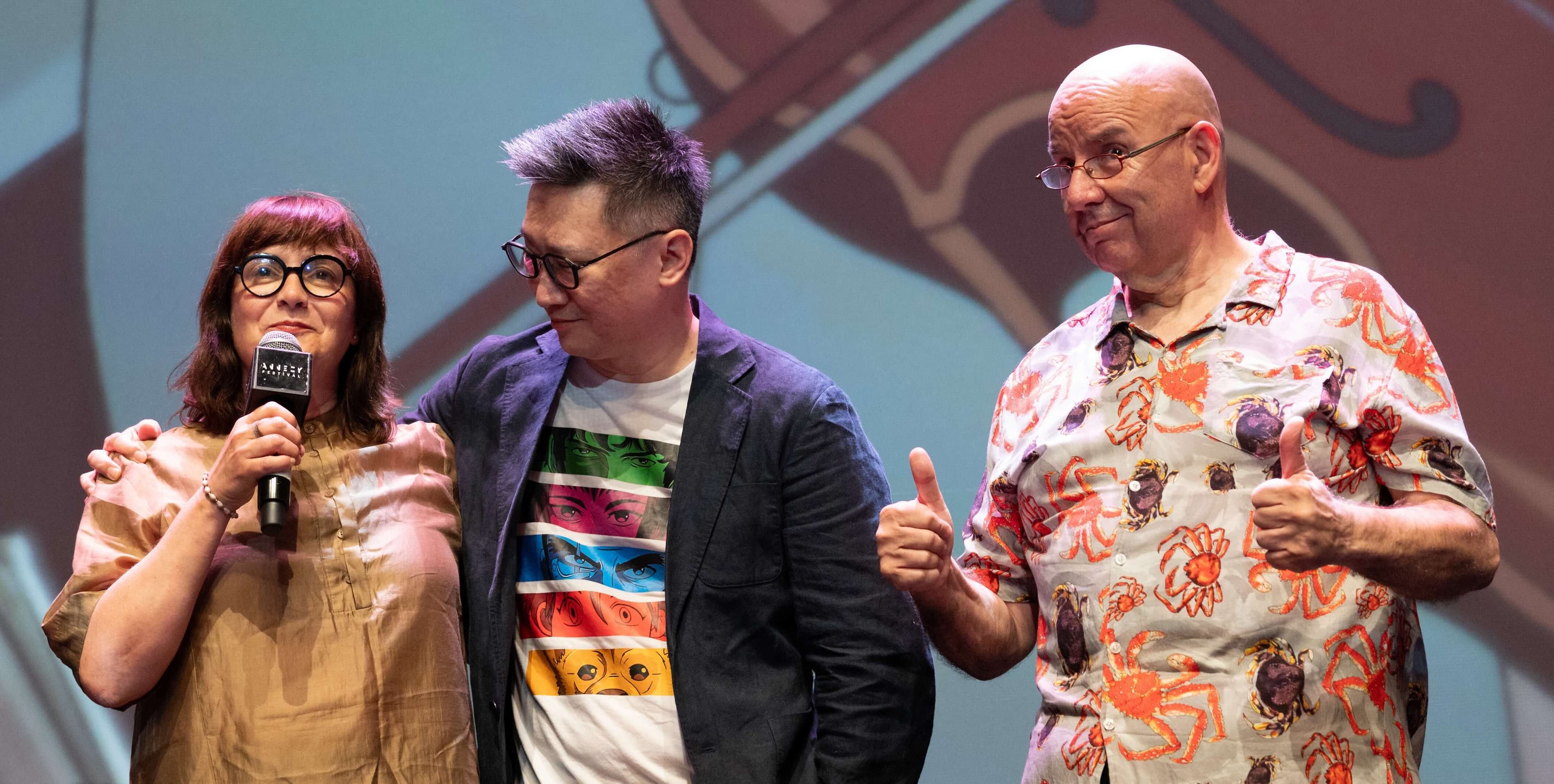 La productora Paloma Mora y los productores Erwin Han y Raúl García, en la premiere mundial de 'La violinista' en el Festival de Annecy