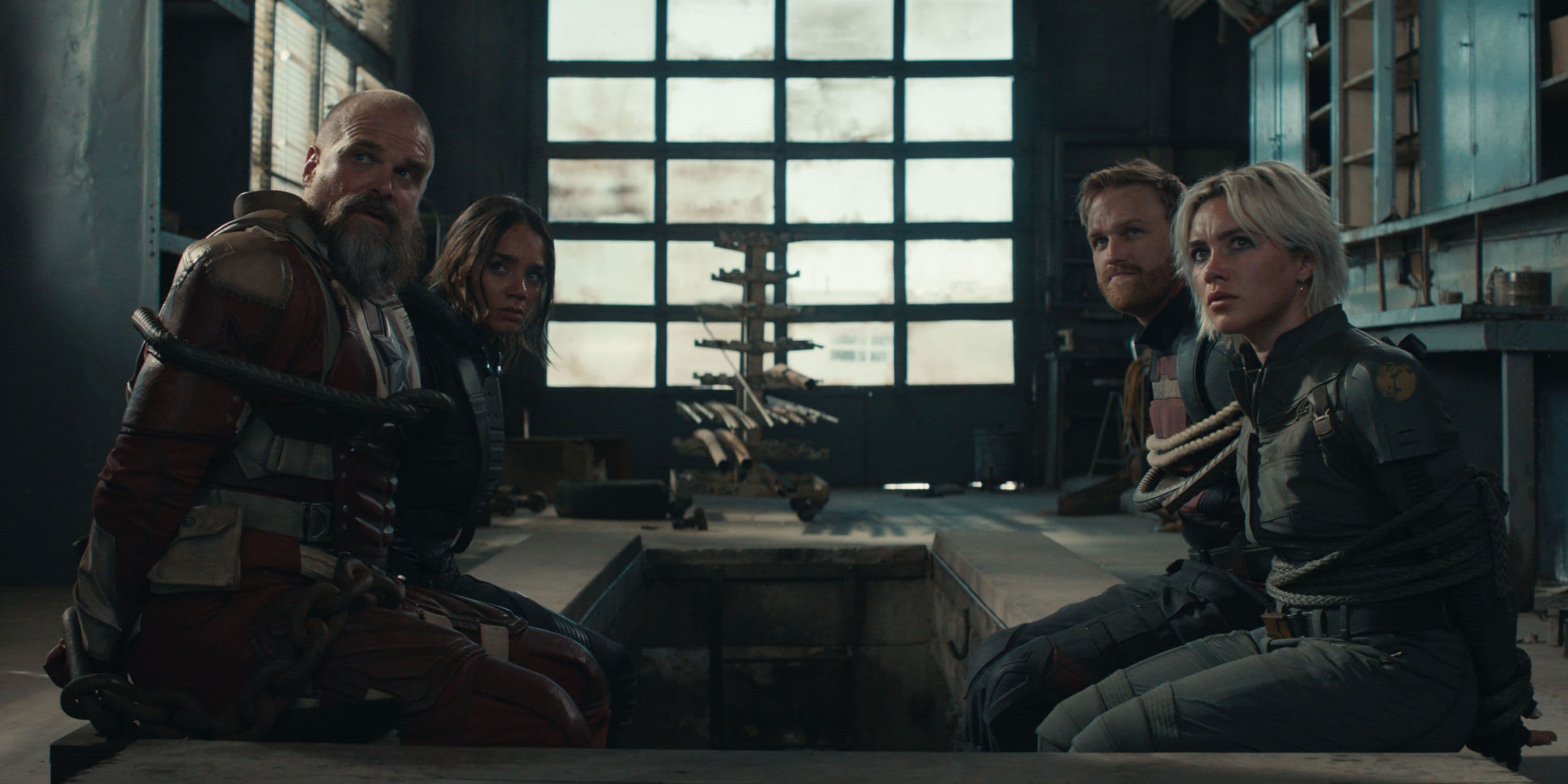 Wyatt Russell, David Harbour y Florence Pugh en un fotograma de 'Thunderbolts'