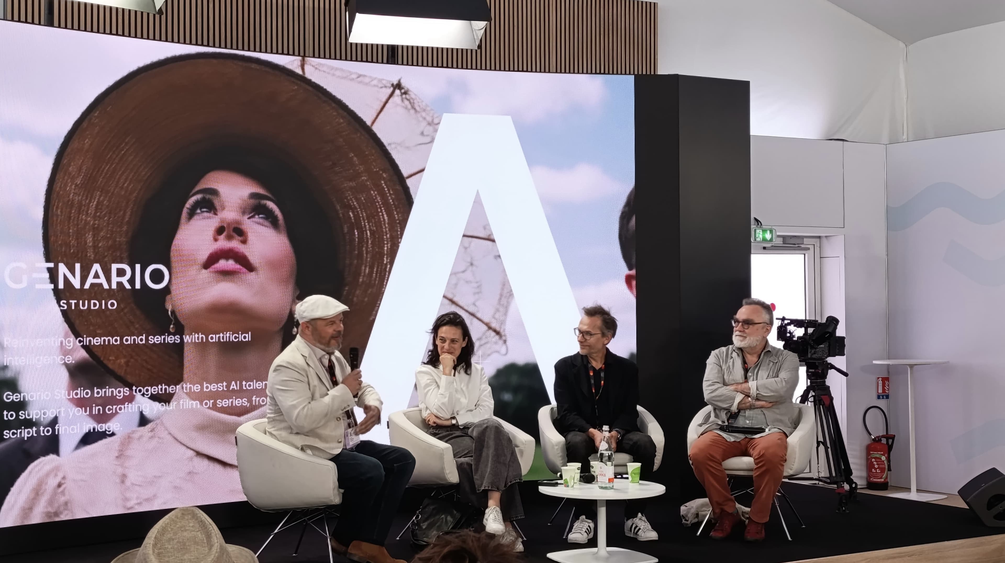 David Defendi (izda.), CEO y fundador de Genario, presenta una mesa redonda sobre inteligencia artificial en el Marché de Cannes 2025