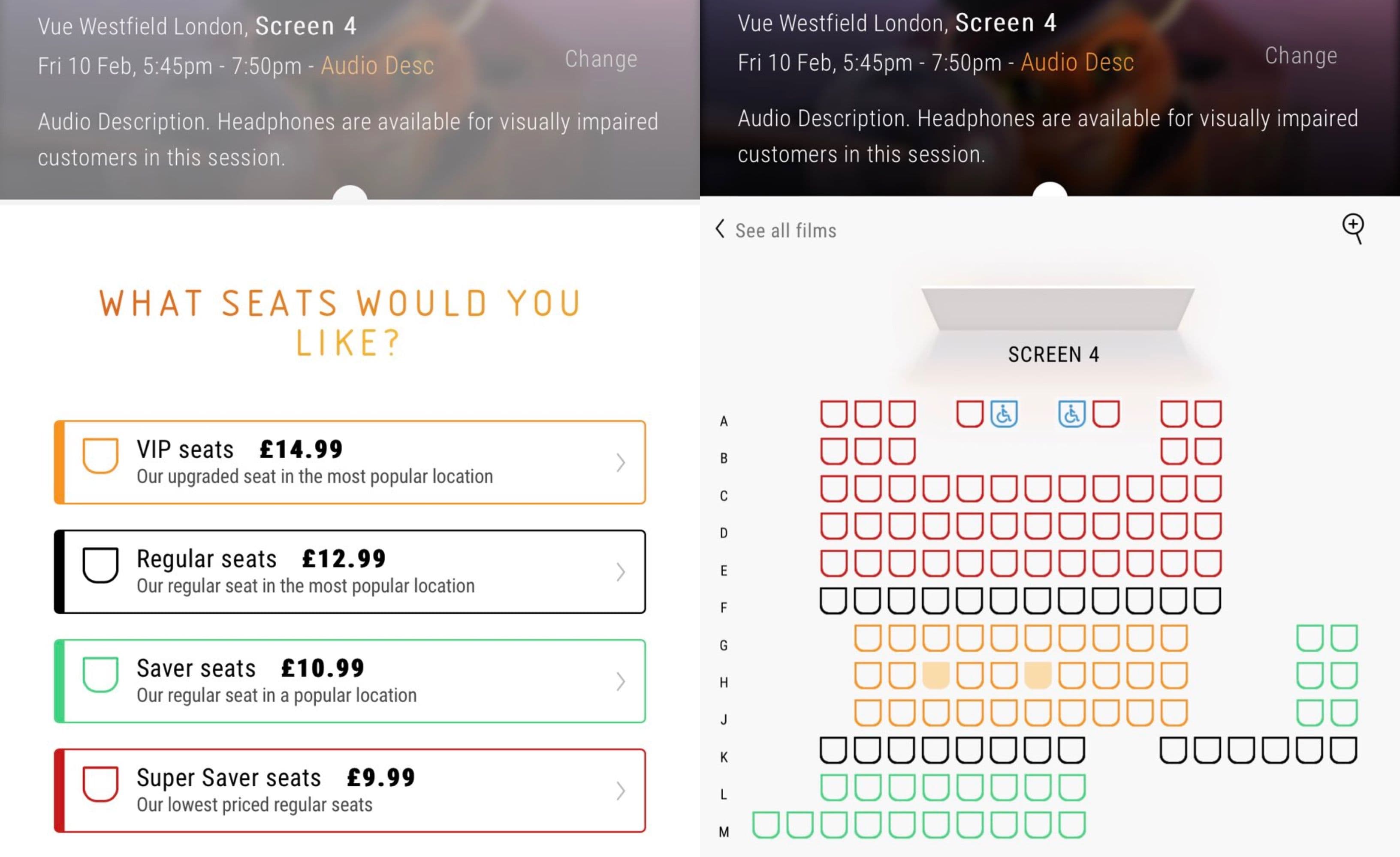 Reparto de zonas y precios de un cine de la cadena británica VUE Cinemas