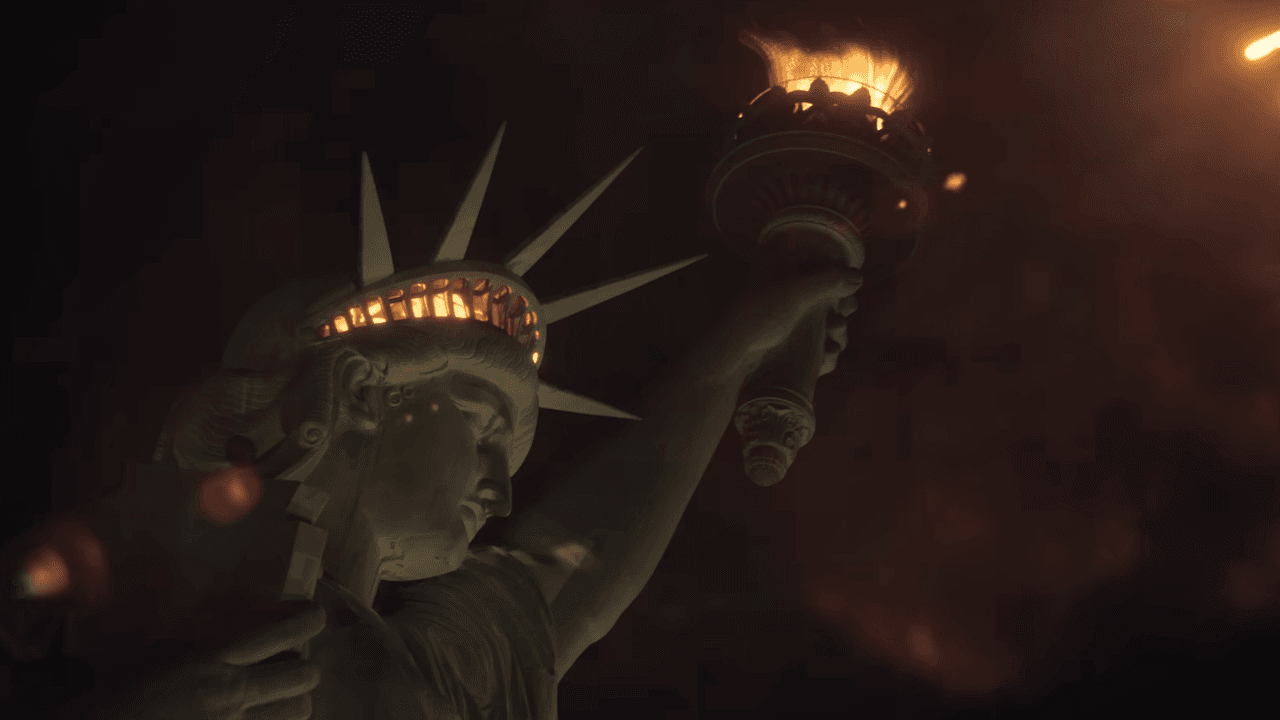 La Estatua de la Libertad iluminada por el fuego en una imagen de 'Megalópolis', de Francis Ford Coppola