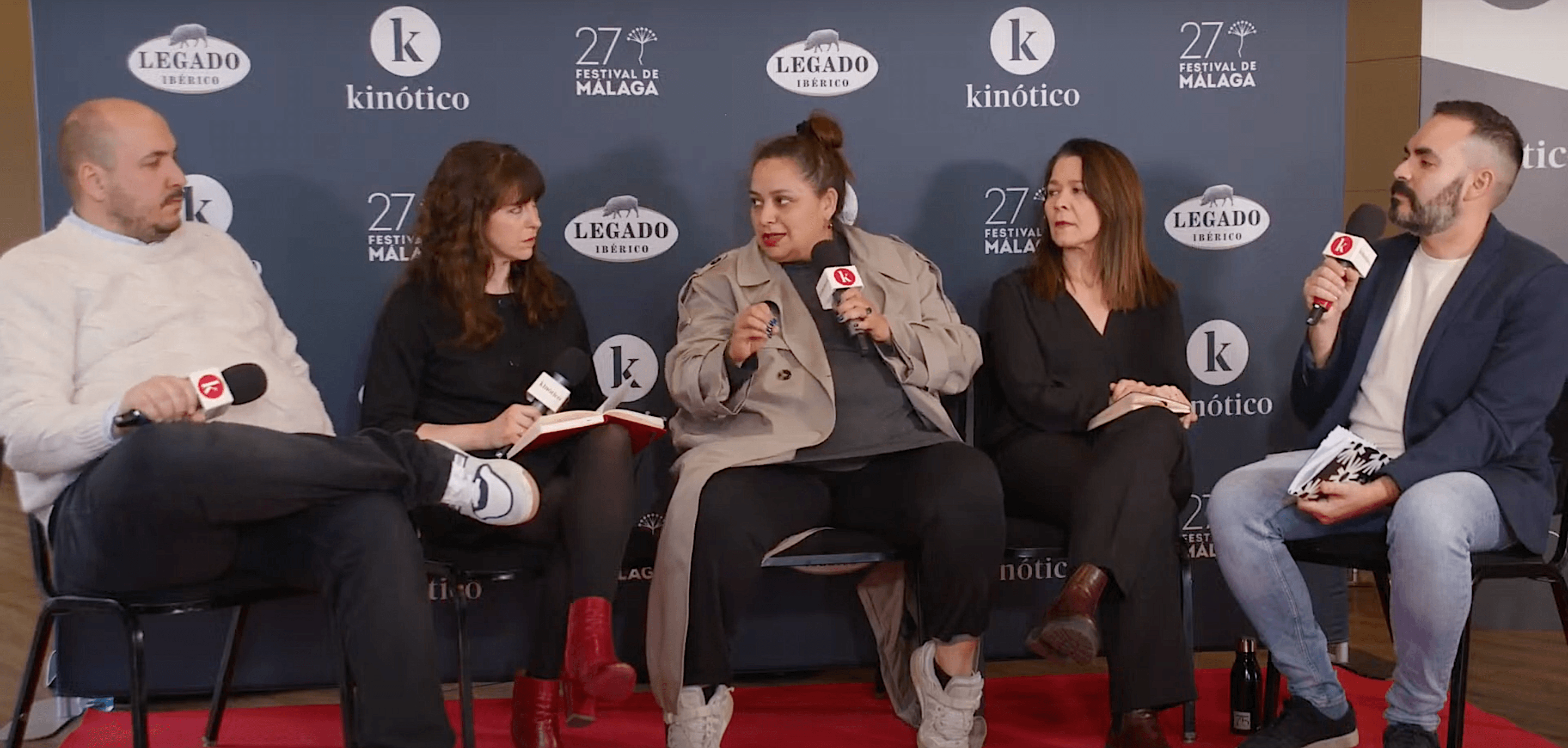 Dani Mantilla, Mirian San Martín, Estrella Araiza, Janina Pérez Arias y David Martos, en el set de Kinótico del Festival de Málaga 2024