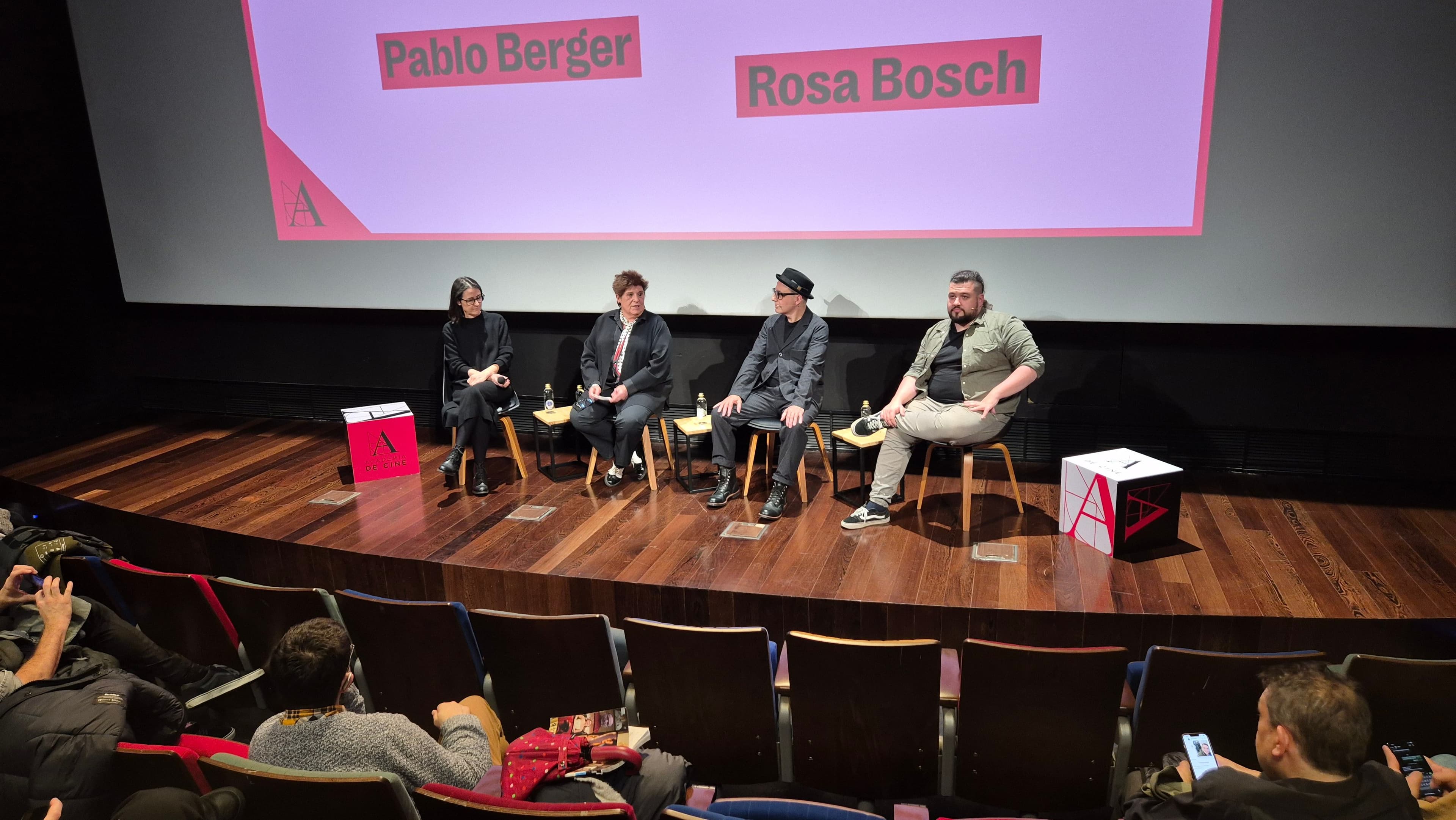 Belén Atienza, Rosa Bosch, Pablo Berger y Nestor López, durante la sesión 'El camino al Oscar' en la Academia de Cine