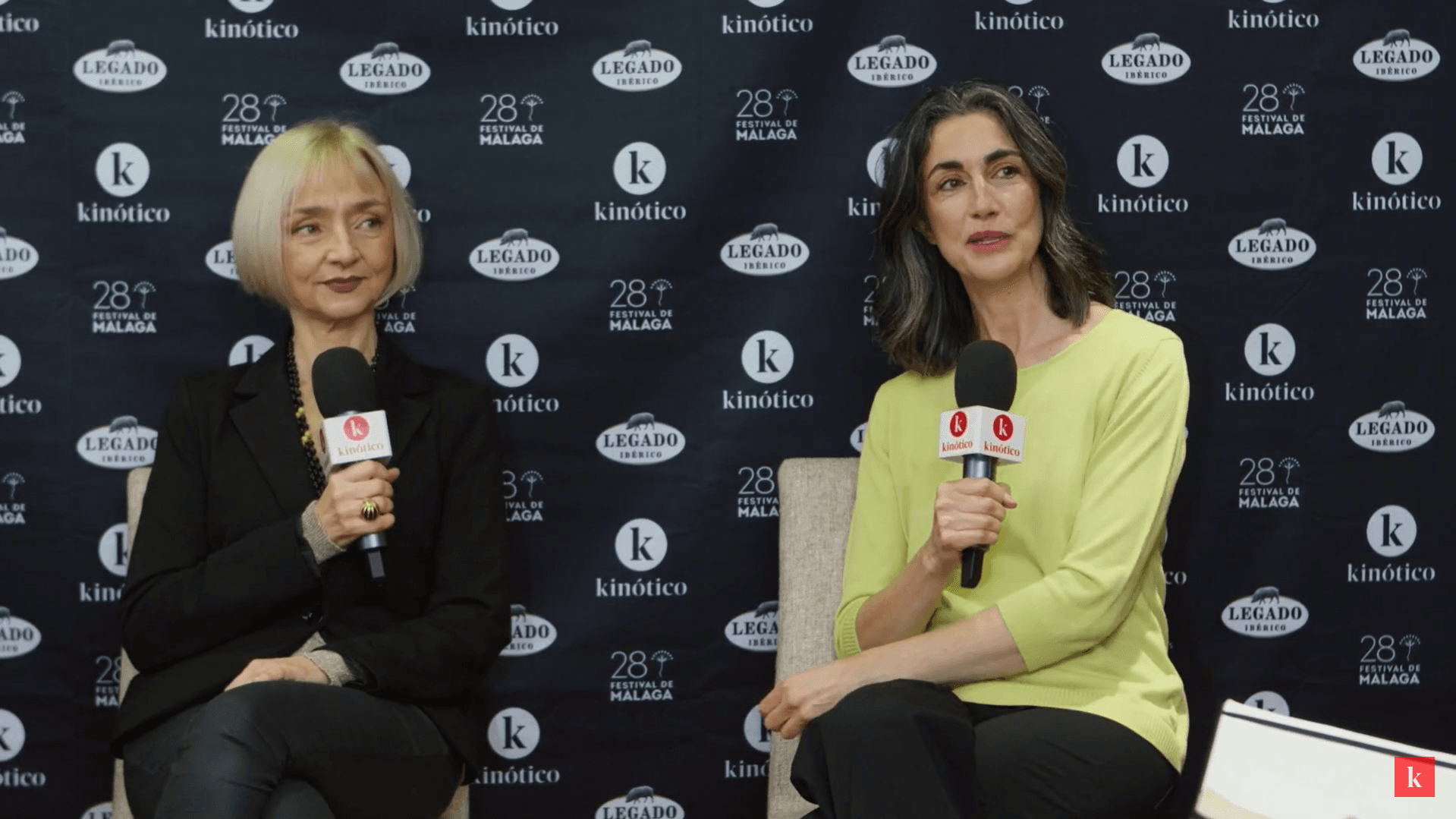 María de Medeiros y Avelina Prat a su paso por el set de Kinótico en el Festival de Málaga, para presentar 'Una quinta portuguesa'
