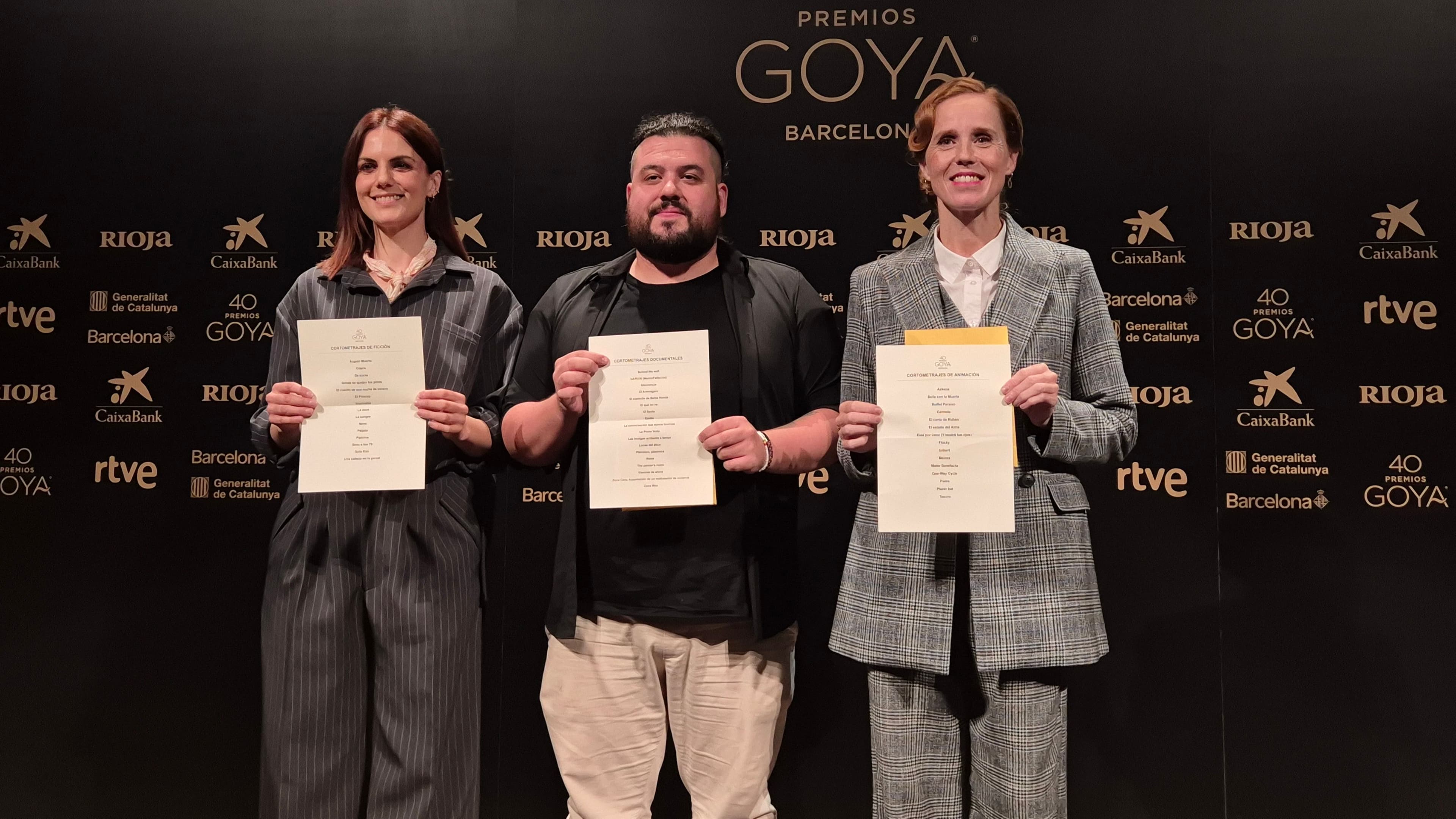 Melina Matthews, Néstor López y María Castro durante la lectura de los cortometrajes preseleccionados para los Goya 2026