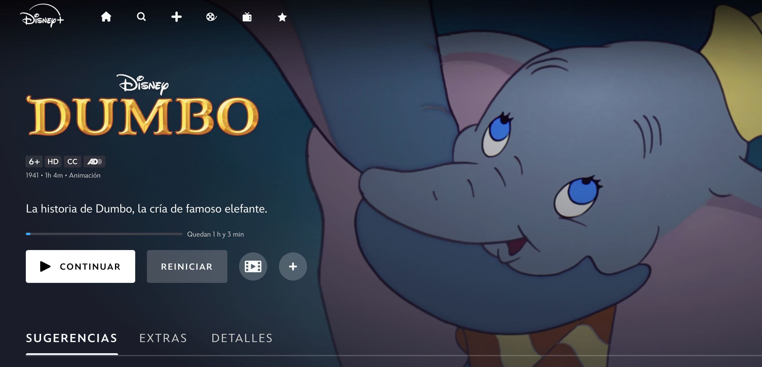Captura de pantalla de la película 'Dumbo' en el menú de Disney+